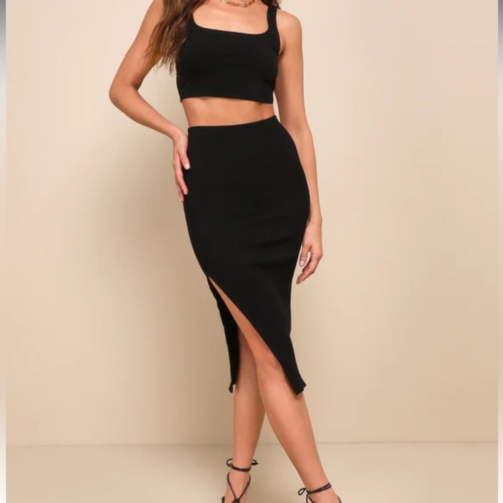 Black Ribbed Bodycon Two-Piece skirt set